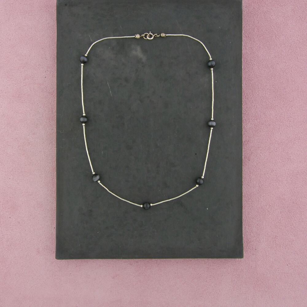 sterling silver black cats eye bead station necklace size 16in